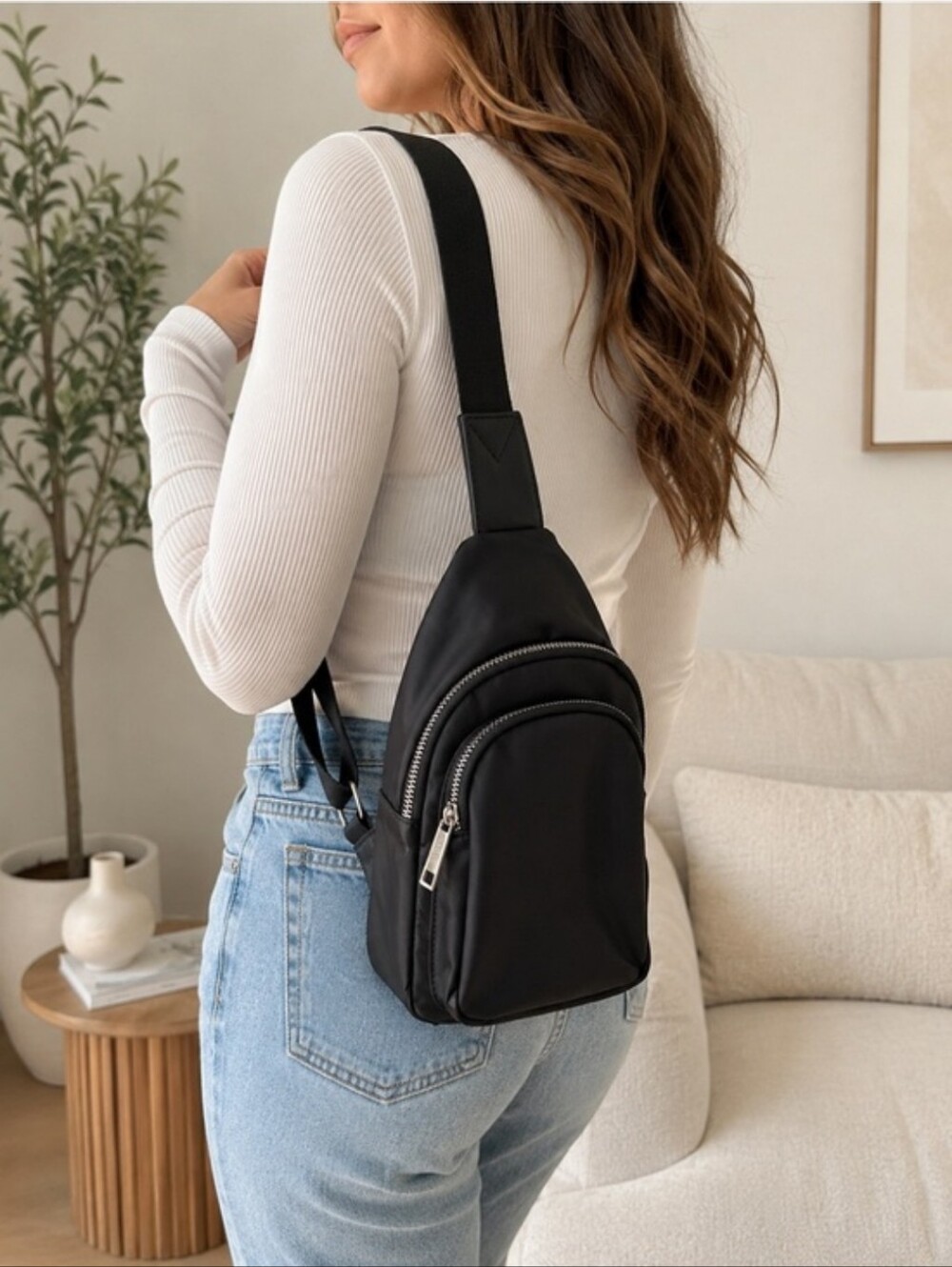MALI‎ + LILI Logan Black Nylon & Vegan Leather Sling Bag Crossbody Travel Street